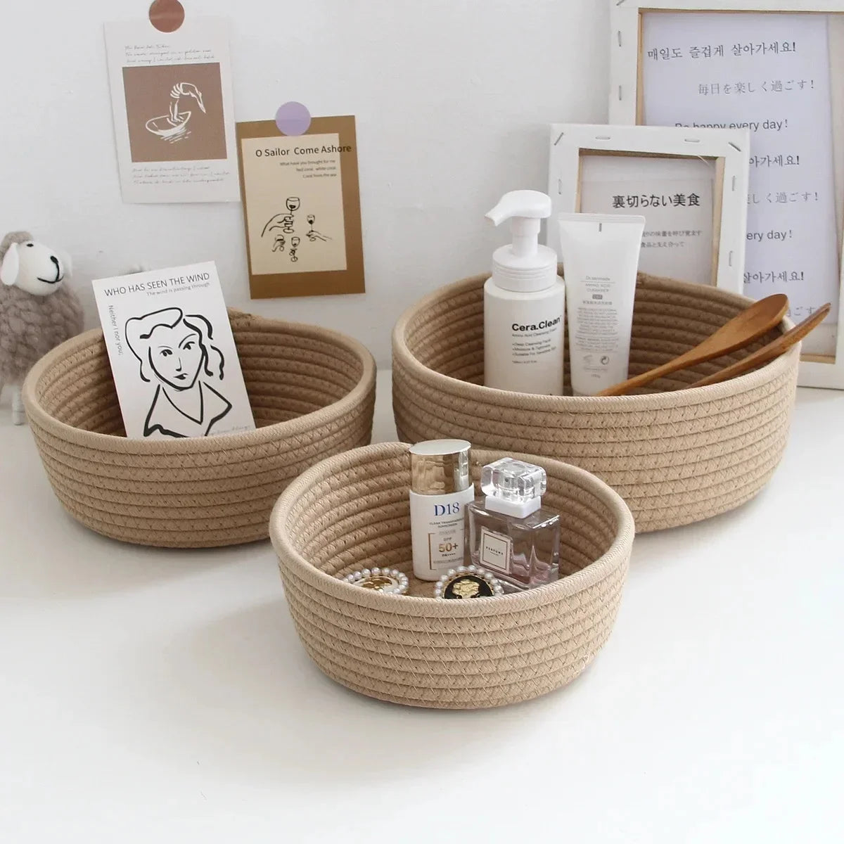 Woven Nordic Cotton Rope Storage Baskets Household Sundries Key Organize Box Women Simple Cosmetics Sorting Deposit Item Supplie