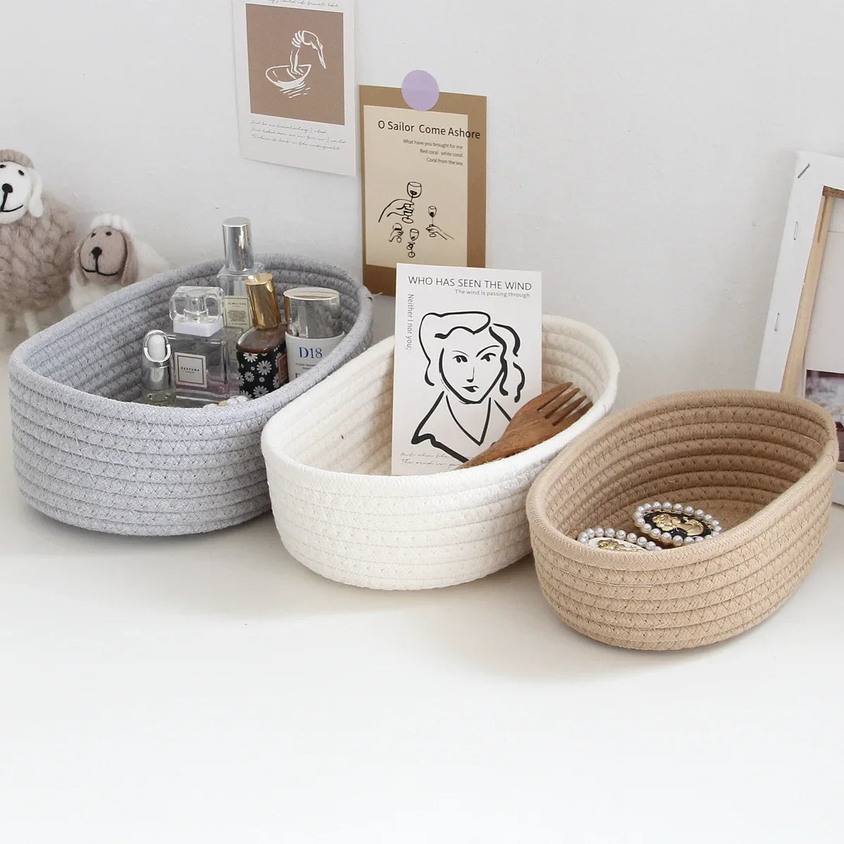 Woven Nordic Cotton Rope Storage Baskets Household Sundries Key Organize Box Women Simple Cosmetics Sorting Deposit Item Supplie