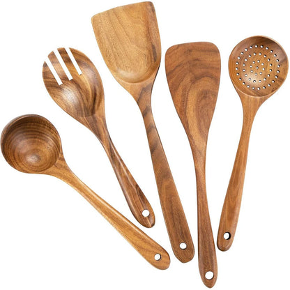 Wood Kitchenware Cooking Set Household Spatula Spoon Set Salad Spoon Fork Stirring Spoon Kitchen Baking Set with Storage Bucket