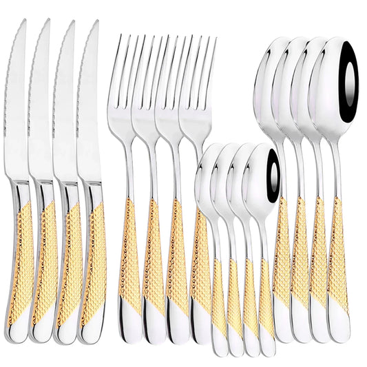 16Pcs Sliver Cutlery Gold Plated Stainless Steel