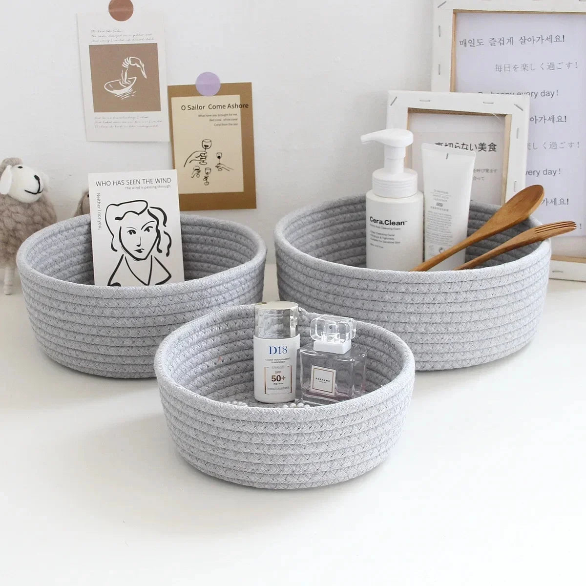 Woven Nordic Cotton Rope Storage Baskets Household Sundries Key Organize Box Women Simple Cosmetics Sorting Deposit Item Supplie