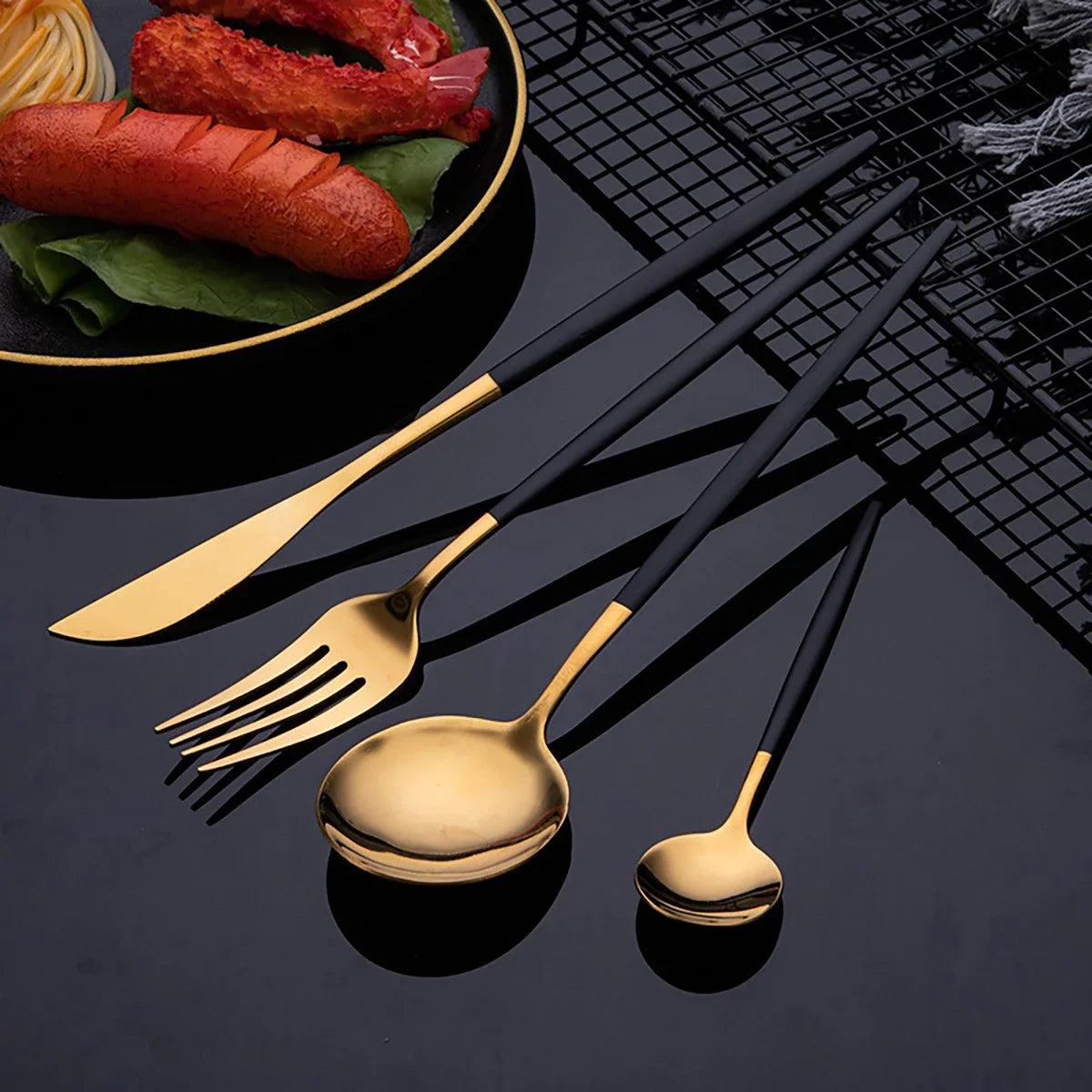 24Pcs Stainless Steel Cutlery Set Black Gold