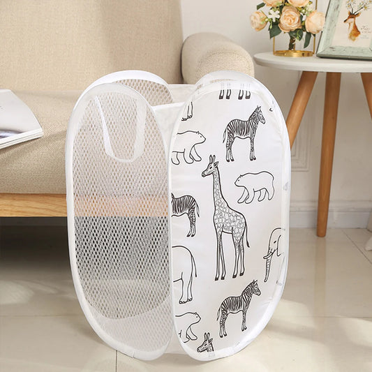 Laundry Basket Giraffe Cartoon Foldable Dirty Clothes Storage Organizers Polyester Mesh Fabric Sundries Basket for Bathroom