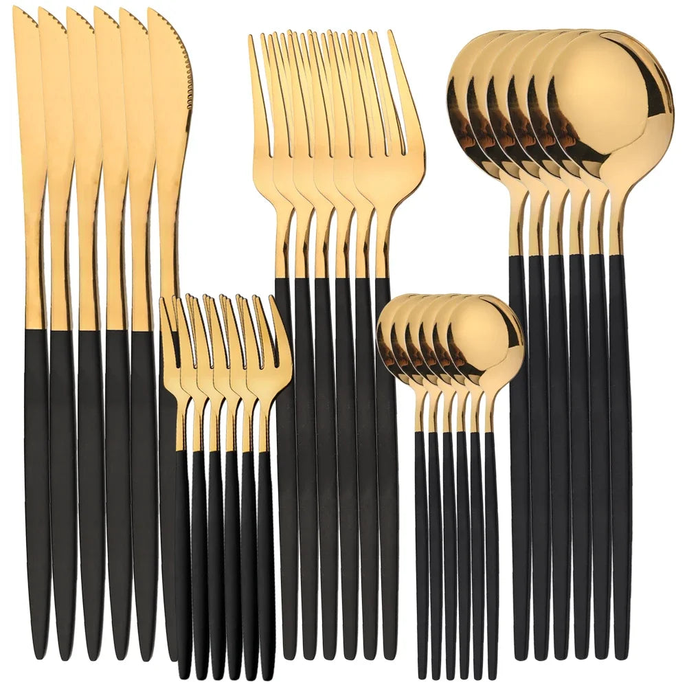 24Pcs Stainless Steel Cutlery Set Black Gold