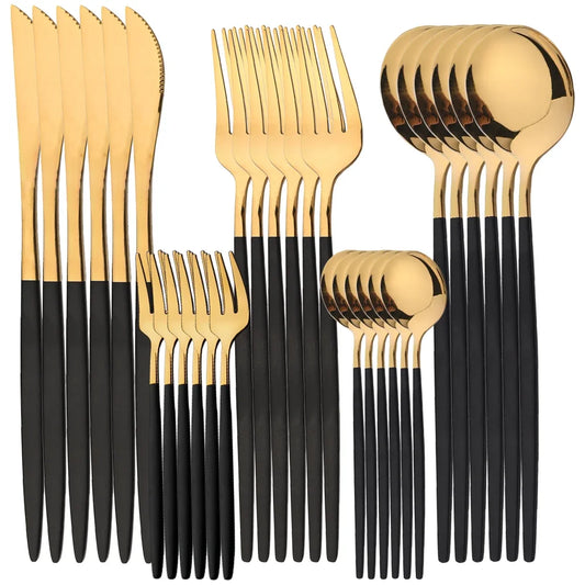 24Pcs Stainless Steel Cutlery Set Black Gold