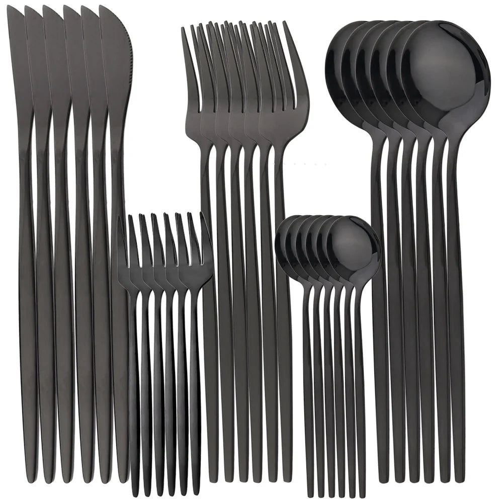 24Pcs Stainless Steel Cutlery Set Black Gold