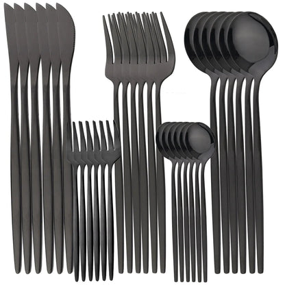 24Pcs Stainless Steel Cutlery Set Black Gold