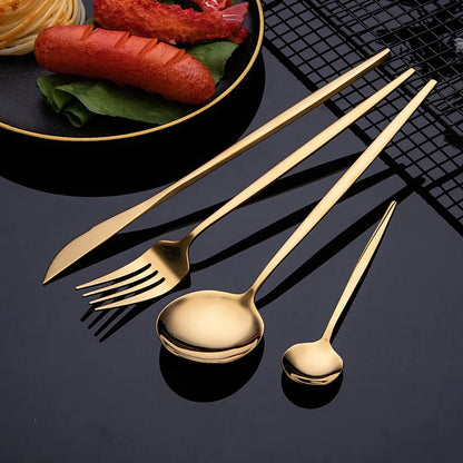 24Pcs Stainless Steel Cutlery Set Black Gold